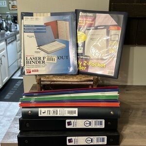 ALL NEW! LOT OF 2 POCKET FOLDERS, HANGING BINDERS AND 1INCH BINDERS